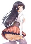  ass bad_id bad_pixiv_id black_hair blush breasts frilled_skirt frills from_behind large_breasts long_hair long_sleeves looking_at_viewer looking_back original panties panty_pull pantyhose pantyhose_pull pink_panties skirt solo takahata_yuki underwear white_background 
