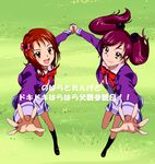  borrowed_character full_body fumio_renge_(maeashi) grass holding_hands long_hair maeashi momoi_nobara_(konohana_chika) multiple_girls original outstretched_hand pink_hair precure purple_skirt red_eyes red_hair school_uniform short_hair skirt smile socks standing standing_on_one_leg symmetry twintails yellow_eyes 