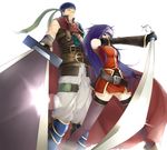  1girl belt blue_eyes blue_hair cape detached_sleeves fingerless_gloves fire_emblem fire_emblem:_akatsuki_no_megami foreshortening frown gloves greaves green_eyes hairband headband ike katana long_hair milaria sword thighhighs very_long_hair wayu_(fire_emblem) weapon white_hairband zettai_ryouiki 