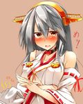 1girl admiral_(kantai_collection) blush breasts choker detached_sleeves grey_hair hair_ornament hairband hairclip haruna_(kantai_collection) heart highres jewelry kantai_collection large_breasts long_hair looking_at_viewer nontraditional_miko open_mouth orange_eyes out_of_frame pov ribbon-trimmed_sleeves ribbon_trim ring translation_request tsukui_kachou wedding_band 