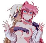  blue_eyes breasts cypha_of_huckebein eyepatch knife long_hair lyrical_nanoha mahou_shoujo_lyrical_nanoha medium_breasts multiple_girls nipple_tweak nipples pink_hair ponytail signum sm318 yuri 