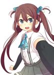  :d arm_warmers asagumo_(kantai_collection) ascot bad_id bad_pixiv_id blue_eyes blush brown_hair collared_shirt grey_skirt hair_ribbon highres kantai_collection long_hair looking_at_viewer open_mouth pleated_skirt reaching_out ribbon school_uniform self_shot shirt simple_background skirt smile solo suspenders twintails white_background yukichi_(eikichi) 