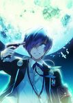  armband blue_eyes blue_hair bug butterfly digital_media_player evoker full_moon gun gun_to_head headphones headphones_around_neck holding holding_gun holding_weapon insect kuroemon looking_at_viewer male_focus moon night persona persona_3 school_uniform smile solo upper_body weapon yuuki_makoto 