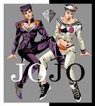  birthmark diamond dixie_cup_hat gakuran green_lipstick hat higashikata_jousuke higashikata_jousuke_(jojolion) joestar_birthmark jojo_no_kimyou_na_bouken jojolion lipstick makeup midriff military_hat multiple_boys namesake orange_lipstick pompadour purple_eyes purple_hair school_uniform shikkoku_no_notto 