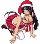  black_hair boots bra breasts cleavage collarbone hair_over_one_eye hat ikkitousen jpeg_artifacts kan'u_unchou large_breasts long_hair looking_at_viewer red_hat red_skirt santa_hat shiny shiny_skin simple_background skirt smile solo striped striped_bra thighhighs underwear white_background white_legwear 