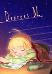  ahoge blanket blonde_hair closed_eyes cover cover_page doujin_cover eraser head_rest hoshii_miki idolmaster idolmaster_(classic) long_hair maru_(sara_duke) pajamas paper pencil pencil_case sky sleeping solo star_(sky) starry_sky 