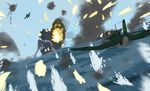  airplane b7a_ryuusei battle explosion firing ho-class_light_cruiser imai_tetsuya kantai_collection muzzle_flash no_humans ocean shinkaisei-kan smoke 