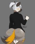  anthro aronhilistix big_butt butt clothed clothing female hair hyena mammal rear_view simple_background solo standing 