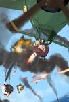  aerial_battle ahoge aircraft airplane battle blue_sky day dog enemy_aircraft_(kantai_collection) explosion fairy_(kantai_collection) firing imai_tetsuya kantai_collection reppuu_(kantai_collection) sky solo upside-down 