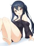  1girl ahoge ass bangs bare_legs bare_shoulders barefoot black_hair black_panties black_shirt blush breasts brown_eyes commentary_request eyebrows_visible_through_hair feet hair_between_eyes hair_ornament hairclip head_tilt legs long_sleeves looking_at_viewer off-shoulder_shirt off_shoulder open_mouth original panties rekareka revision shirt small_breasts soles solo star star_hair_ornament sweat toenails twintails underwear wide_sleeves 