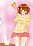  !? blush breast_expansion breast_hold breasts brown_eyes brown_hair glass large_breasts milk milk_carton short_hair skirt surprised sweater thighhighs zettai_ryouiki 