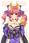  :3 animal_ears bare_shoulders black_legwear blush breasts cleavage detached_sleeves fate/extra fate_(series) fox_ears hair_ribbon japanese_clothes jewelry large_breasts looking_at_viewer pink_hair ribbon solo sugita_(merinib) tamamo_(fate)_(all) tamamo_no_mae_(fate) twintails yellow_eyes 