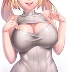  blonde_hair blush breasts cleavage head_out_of_frame highres large_breasts lucknight meme_attire open-chest_sweater open_mouth original ribbed_sweater short_hair simple_background sleeveless smile solo sweater tongue tongue_out twintails white_background 
