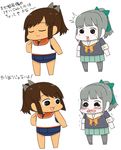 bangs blush bow bowtie chibi gaiko_kujin hair_bow i-401_(kantai_collection) kantai_collection multiple_girls pantyhose partially_translated ponytail school_swimsuit school_uniform serafuku simple_background swimsuit swimsuit_under_clothes tan tearing_up translation_request yuubari_(kantai_collection) 