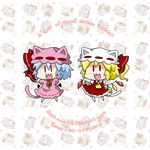  2girls :3 :d animal_ears ascot bat_wings blonde_hair blue_hair brooch cat_ears cat_tail chibi detached_wings dress engrish fang flandre_scarlet hat hat_with_ears jewelry kemonomimi_mode looking_at_viewer mob_cap multiple_girls noai_nioshi open_mouth patch pink_dress ranguage red_eyes remilia_scarlet short_hair side_ponytail smile tail touhou wings wrist_cuffs 