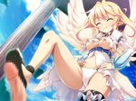  akuma_de_oshioki! angel_wings belt blade_(galaxist) blonde_hair breasts censored closed_eyes dutch_angle feathered_wings floating_island footjob frills game_cg hands_on_hips medium_breasts mosaic_censoring navel nipple_slip nipples panties penis pointy_ears sandals smile stellar_(akuma_de_oshioki!) underboob underwear white_panties wings 