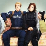  blonde_hair brown_hair captain_america captain_america_the_winter_soldier couch facial_hair friends gun hak_kun james_buchanan_barnes marvel mechanical_arm multiple_boys sitting steve_rogers stubble superhero weapon winter_soldier 