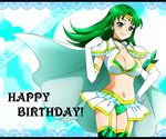  borrowed_character bra breasts cape cleavage crop_top cure_weathers_(azarashi) earrings elbow_gloves frills gloves green_eyes green_hair green_panties hand_on_hip happy_birthday jewelry kagami_chihiro kaihyou_mizuki_(azarashi) large_breasts long_hair magical_girl midriff miniskirt navel original panties precure shoulder_pads skirt smile solo thigh_strap thighhighs tiara underwear white_gloves 