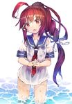  benitama blush dripping hair_ribbon hands_clasped i-168_(kantai_collection) kantai_collection long_hair looking_at_viewer open_mouth own_hands_together ponytail red_eyes red_hair ribbon school_swimsuit school_uniform serafuku solo swimsuit swimsuit_under_clothes wading water wet 