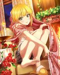  armchair artist_request barefoot blanket blonde_hair blush candle chair dutch_angle feet fireplace flower green_eyes idolmaster idolmaster_cinderella_girls knees_up legs looking_at_viewer miyamoto_frederica official_art red_flower red_rose rose shoes short_hair shorts single_shoe sitting slippers smile solo 