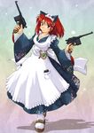  animal_ears apron breasts cat_ears cleavage commentary_request dual_wielding gun handgun highres holding long_hair magazine_(weapon) maid maid_apron maid_headdress mauser_c96 medium_breasts original ranbu_hararin red_eyes red_hair sandals solo tabi weapon 