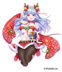  :d animal_ears antlers arm_behind_head arm_up bad_id bad_pixiv_id bare_shoulders bell belt black_legwear blue_hair bow breasts collar detached_sleeves fake_animal_ears floral_print full_body gift hizuki_akira incoming_gift large_breasts leash long_hair looking_at_viewer midriff navel official_art open_mouth original pantyhose pink_eyes red_eyes reindeer_antlers reindeer_ears sengoku_gensoukyoku shoes simple_background skirt smile solo white_background wide_sleeves 
