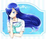  amaya_shizuku_(azarashi) blue blue_background blue_eyes blue_hair borrowed_character hair_over_one_eye kagami_chihiro long_hair original precure school_uniform serafuku smile solo upper_body 
