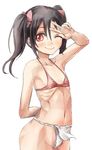  arm_behind_back bare_shoulders black_hair blush bra commentary_request flat_chest fundoshi hair_ribbon japanese_clothes long_hair looking_at_viewer love_live! love_live!_school_idol_project navel one_eye_closed red_bra red_eyes ribbon ribs skinny solo stomach twintails underwear v yazawa_nico yohane 
