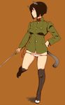  animal_ears black_eyes black_hair em etou_toshiko full_body grin holding imperial_japanese_army jacket katana kneehighs long_sleeves military military_uniform orange_background pubic_hair short_hair sideways_mouth simple_background smile solo sword tail uniform weapon world_witches_series 