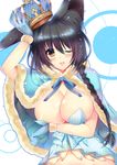  :p animal_ears black_hair blue_gloves blush braid breasts brown_eyes cleavage crown fox_ears gloves hinazuka_ryou holding large_breasts long_hair one_eye_closed original polka_dot side_braid smile solo tongue tongue_out 