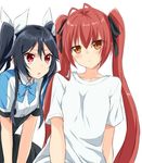  antenna_hair bangs black_hair blush brown_eyes collarbone collared_shirt genderswap genderswap_(mtf) hair_between_eyes hair_ribbon jpeg_artifacts leaning_forward long_hair looking_at_viewer maruki_(punchiki) multiple_girls ore_twintail_ni_narimasu red_eyes red_hair ribbon shirt short_sleeves simple_background solar_metca t-shirt tsube_aika twintails white_background 