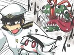  1girl ? admiral_(kantai_collection) blush_stickers box carrying_under_arm commentary fang gift gift_box goma_(gomasamune) hat kantai_collection long_hair military military_hat military_uniform mimic monster northern_ocean_hime pale_skin red_eyes running shinkaisei-kan sweatdrop uniform white_hair 
