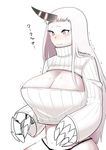  breasts claws cleavage cleavage_cutout gigantic_breasts horn kantai_collection long_hair looking_at_viewer meme_attire midriff mo_(kireinamo) open-chest_sweater panties red_eyes ribbed_sweater seaport_hime shinkaisei-kan solo sweat sweater translation_request trembling underwear white_hair white_skin 