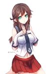  bangs belt braid breasts brown_hair gloves green_eyes kantai_collection konkito large_breasts long_hair midriff noshiro_(kantai_collection) open_mouth pleated_skirt school_uniform serafuku skirt solo swept_bangs twin_braids twitter_username white_gloves 