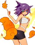  absurdres bare_shoulders bike_shorts blue_eyes blush borrowed_character cowboy_shot eyepatch fiery_tail fire highres looking_at_viewer original purple_eyes ruiten sarashi short_hair smile solo tail 