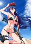  abs absurdres armpits assault_rifle beret bikini blue_hair breasts cleavage closed_mouth condensation_trail cover_image day gakuen_taisen_valkyries glasses gun harukon_(halcon) hat hexagram highres holster imi_galil israel israel_defense_forces israeli_flag jewish kneeling large_breasts long_hair looking_at_viewer micro_bikini navel rifle rimless_eyewear sabra_greengold skindentation solo star_of_david sun swimsuit thigh_holster underboob very_long_hair weapon 