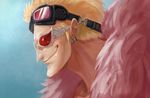  blonde_hair donquixote_doflamingo earrings feather_boa goggles goggles_on_head jewelry magician_(china) male_focus one_piece open_clothes open_shirt shirt shirtless smile solo sunglasses upper_body 