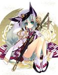  animal_ears cape fox_ears fox_tail gloves green_eyes hat japanese_clothes katana kimono original sailor_hat shirokitsune silver_hair sitting smile solo sword tail weapon white_gloves 