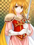  74 armor blonde_hair cape checkered checkered_background earrings elbow_gloves fire_emblem fire_emblem:_seisen_no_keifu gloves holding holding_sword holding_weapon jewelry lachesis_(fire_emblem) long_hair serious solo sword weapon yellow_eyes 