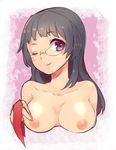  1girl an5romanju black_hair breasts choukai_(kantai_collection) female glasses kantai_collection long_hair nipples nude one_eye_closed purple_eyes smile solo wink 
