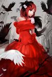  bad_id bad_pixiv_id bird dress feathers flower hair_feathers hair_flower hair_ornament looking_at_viewer love_live! love_live!_school_idol_project nishikino_maki purple_eyes red_dress red_hair satin satin_clothes satin_dress short_hair smile solo yomi_yasou 