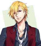  alternate_hairstyle blonde_hair fate/zero fate_(series) gilgamesh male_focus messy_hair nakagawa_waka red_eyes solo vest 
