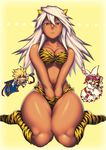  2girls animal_print bikini blonde_hair blue_eyes blush breasts chibi cleavage cosplay dark_skin dress elphelt_valentine eyepatch guilty_gear guilty_gear_xrd horns kuroshio_(zung-man) long_hair lum lum_(cosplay) medium_breasts multiple_girls oni orange_eyes ramlethal_valentine red_eyes red_hair shiny shiny_skin siblings sin_kiske sisters swimsuit thick_thighs thighs tiger_print urusei_yatsura v_arms white_hair 