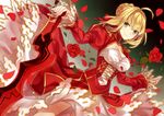  aestus_estus ahoge blonde_hair breasts cowboy_shot dress dutch_angle fate/extra fate_(series) flower green_eyes medium_breasts nero_claudius_(fate) nero_claudius_(fate)_(all) petals red_flower red_rose rose rose_petals short_hair smile solo sword weapon yuzuki_karu 