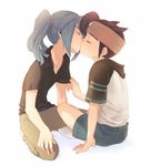  2boys brown_hair closed_eyes endou_mamoru green_hair headband inazuma_eleven inazuma_eleven_(series) kazemaru_ichirouta kiss male_focus multiple_boys pants ponytail shirt shorts simple_background sitting socks t-shirt white_background yaoi 