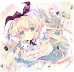  alice_(wonderland) alice_in_wonderland banned_artist blonde_hair bunny card cup from_above green_eyes hairband long_hair looking_at_viewer looking_up original playing_card smile suihi teacup white_rabbit 