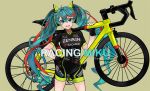  1girl :d beige_background bicycle bike_shorts black_gloves blush breasts character_name commentary_request contrapposto english_text eyebrows_visible_through_hair fingerless_gloves floatingapple gloves green_eyes green_hair ground_vehicle hair_between_eyes hand_on_hip hatsune_miku headphones highres large_breasts looking_at_viewer multicolored_hair open_mouth racing_miku red_hair smile solo standing streaked_hair twintails v-shaped_eyebrows vocaloid watermark 