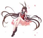  1girl absurdly_long_hair animal_ears black_sailor_collar blush bow bowtie brown_footwear brown_hair bunny_ears collarbone criis-chan danganronpa embarrassed floating_hair full_body hair_ornament harukawa_maki leotard long_hair looking_at_viewer new_danganronpa_v3 open_mouth polka_dot polka_dot_bow polka_dot_neckwear red_eyes red_leotard sailor_collar simple_background sitting solo sweatdrop twintails very_long_hair watermark web_address white_background white_bow 