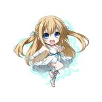  :d amagi_brilliant_park ankle_lace-up bare_shoulders blonde_hair blue_eyes chibi cross-laced_footwear full_body hair_ribbon highres kuena long_hair navel open_mouth ribbon sandals smile solo sylphy_(amaburi) two_side_up 