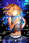  beamed_eighth_notes breasts closed_eyes eighth_note flat_sign highres kousaka_honoka love_live! love_live!_school_idol_project medium_breasts midriff musical_note navel one_side_up orange_hair quarter_note short_hair sky sleeveless solo star_(sky) starry_sky treble_clef xiaoshou_xiansheng 